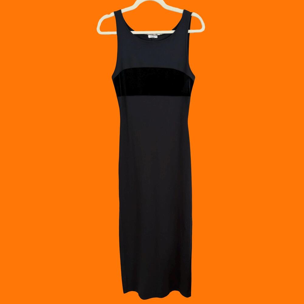 90's vintage black velvet striped bodycon maxi dress SMALL xoxo